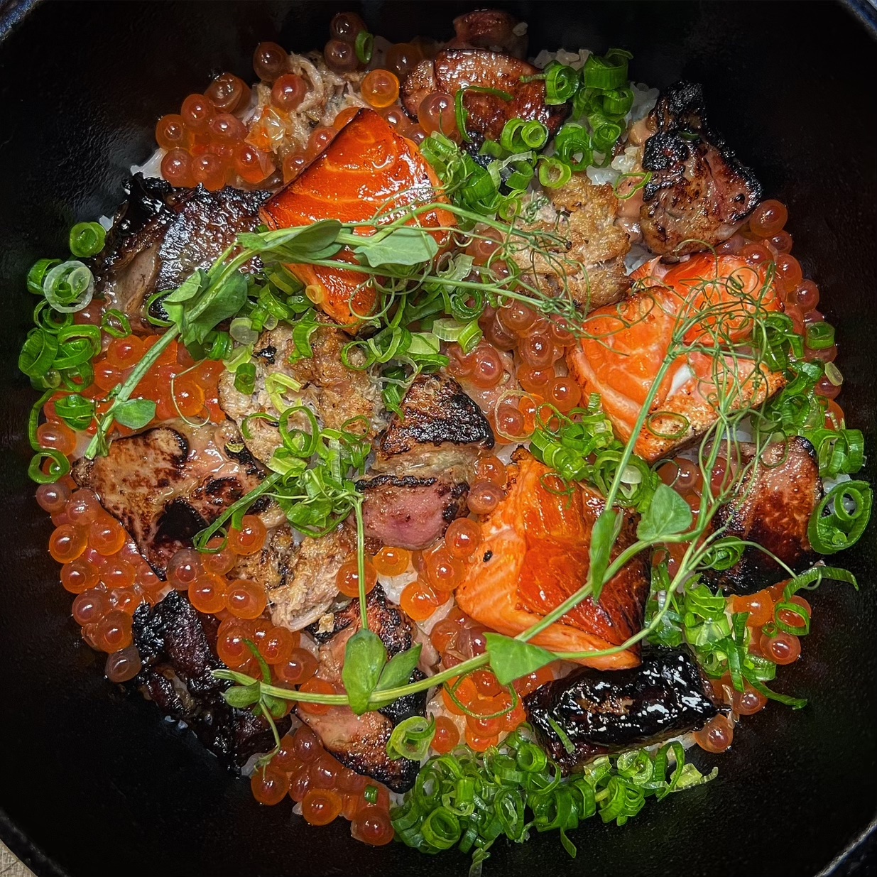 Salmon and pork ikura claypot at XO Restaurant